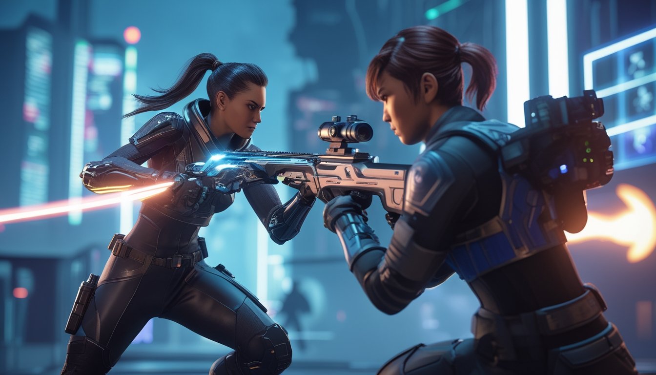 Dua karakter futuristik sedang bertarung dengan senjata canggih di lingkungan kota sci-fi yang terang dan penuh aksi.