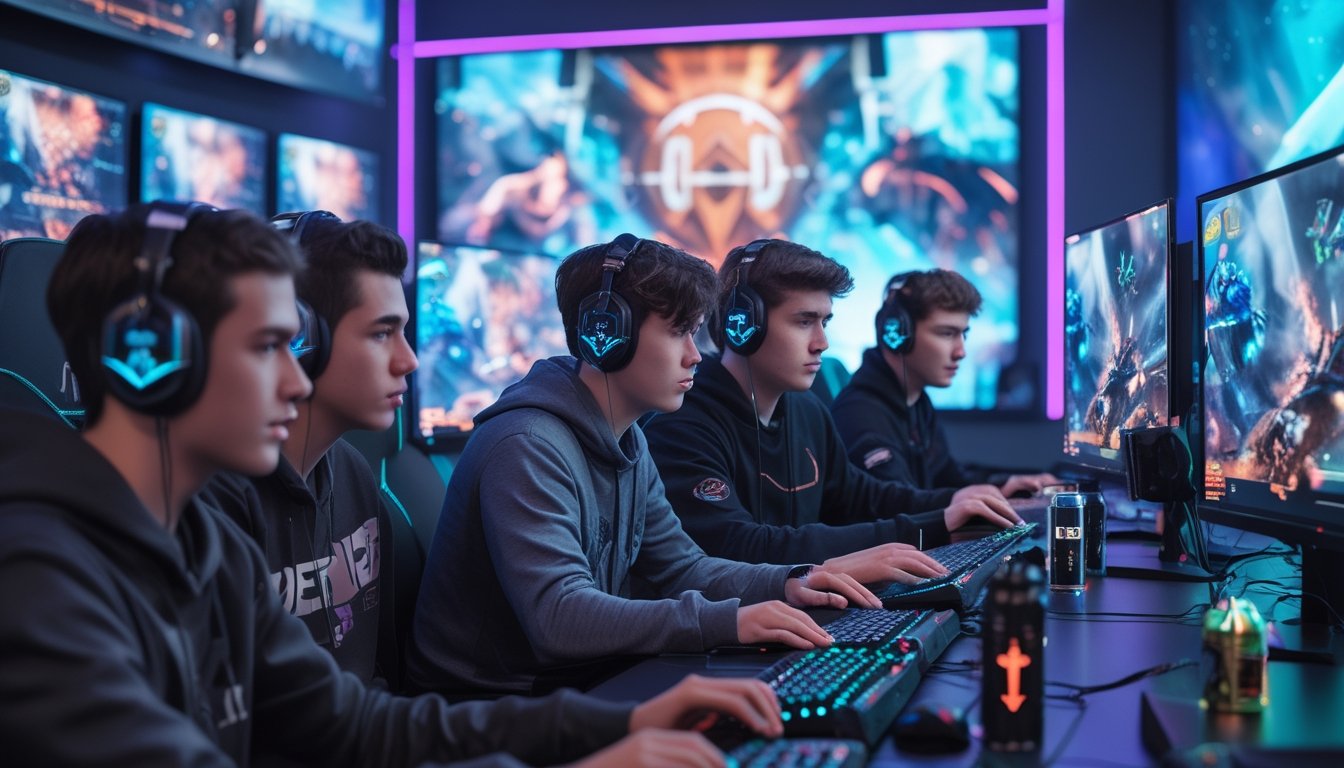 Empat orang muda sedang bermain game bersama di ruangan dengan peralatan gaming modern, fokus pada koordinasi tim dalam permainan kompetitif.
