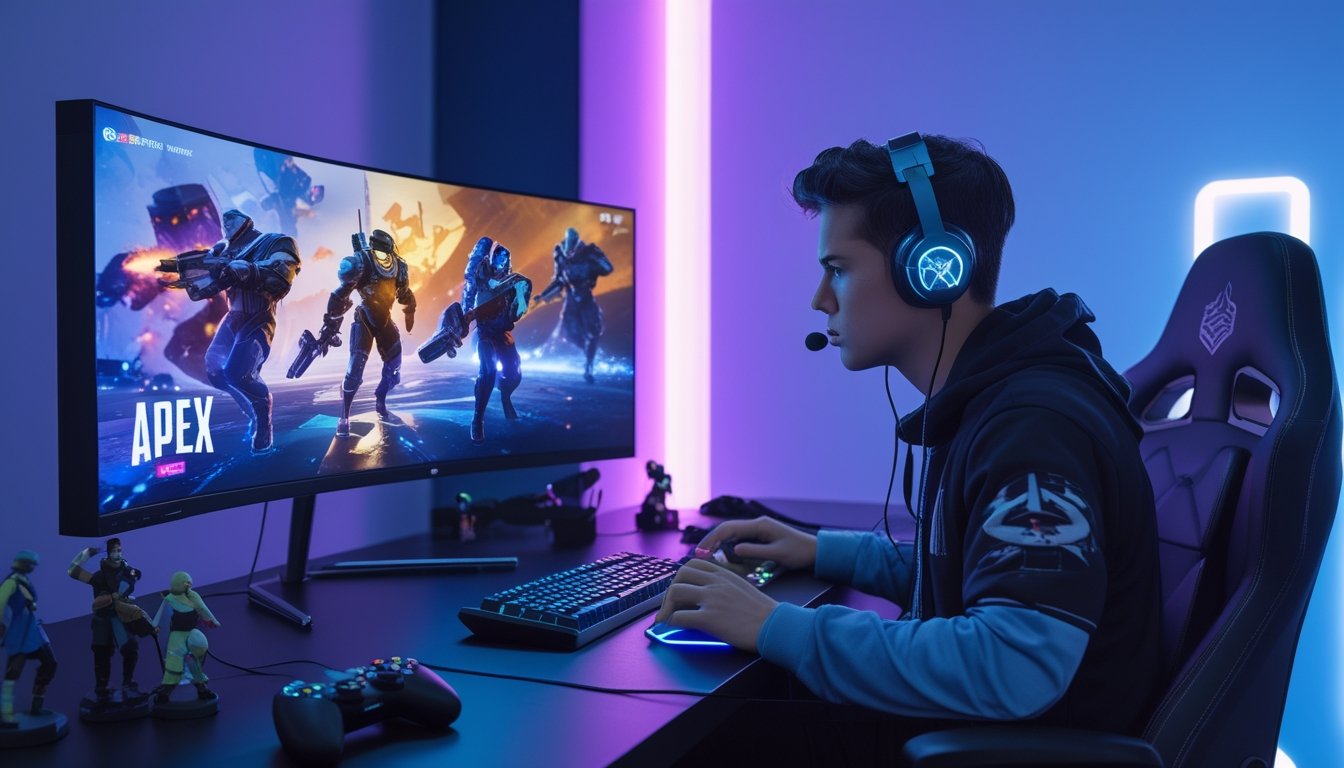 Seorang gamer muda sedang bermain Apex Legends di depan layar komputer besar dengan pencahayaan LED biru dan ungu di ruangan modern.