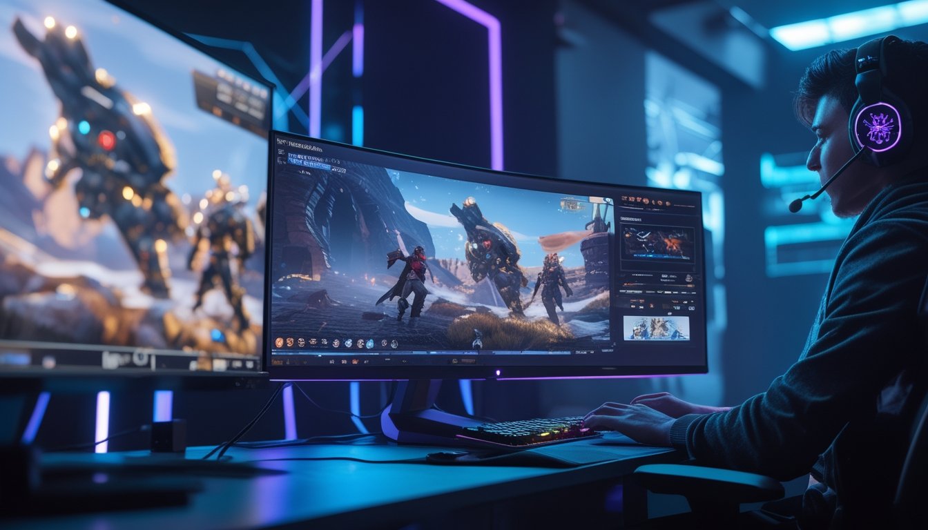 Seorang gamer sedang bermain Apex Legends dengan setup komputer modern dan layar besar yang menampilkan adegan permainan futuristik.
