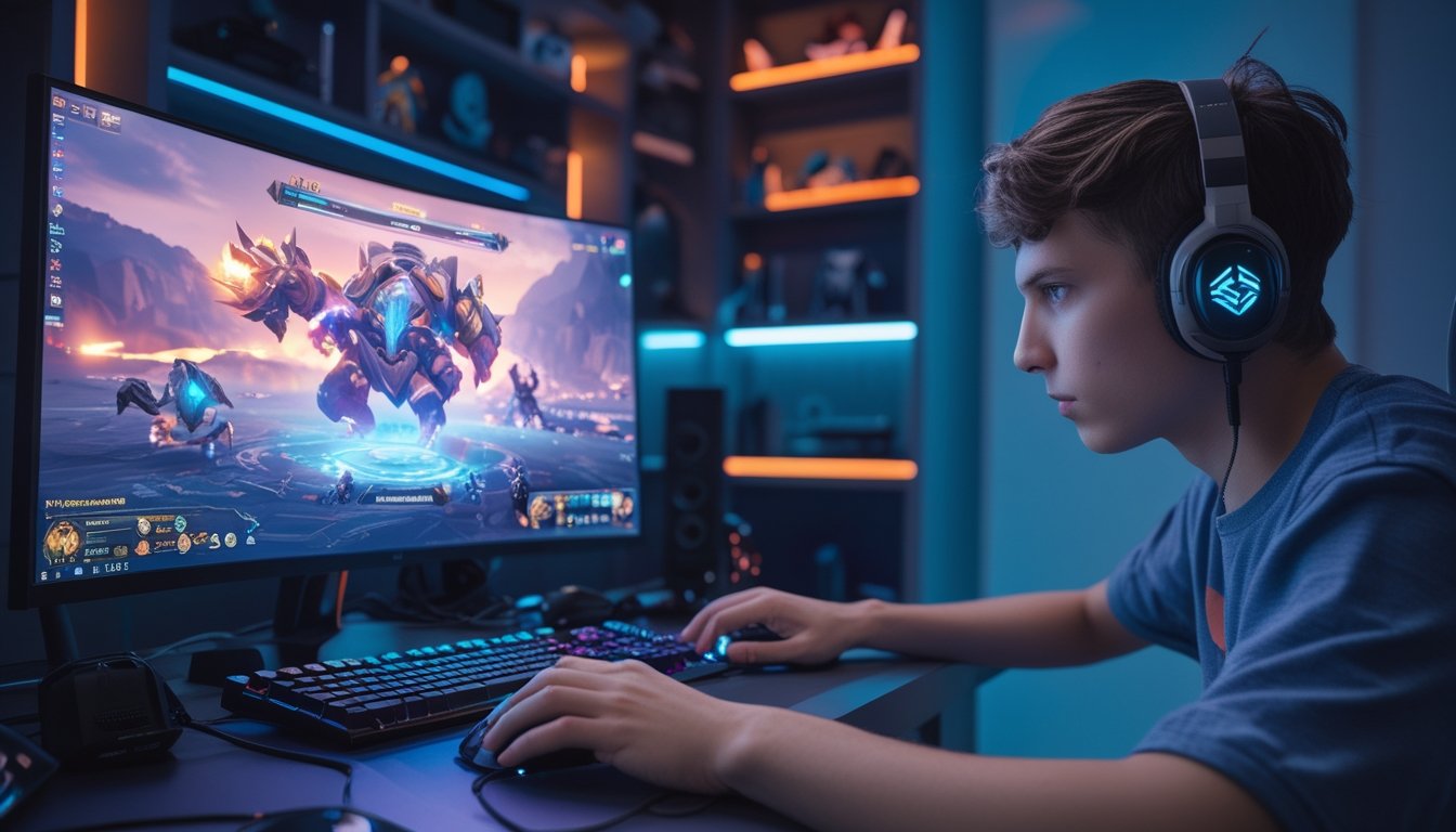 Seorang pemain muda fokus bermain game MOBA di ruang gaming dengan monitor besar dan perlengkapan gaming.