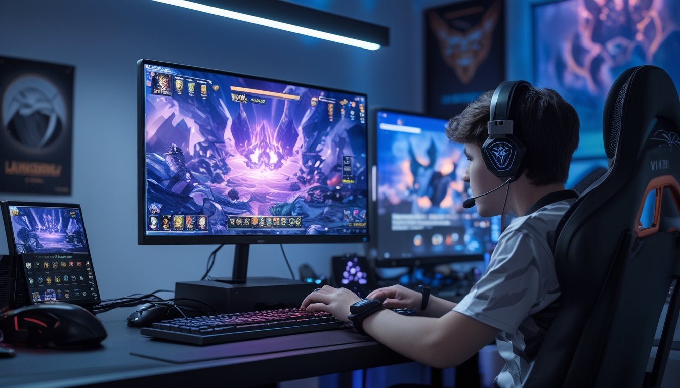 Seorang pemain muda sedang fokus bermain game di depan komputer dengan perangkat gaming di meja dan pencahayaan ruangan yang nyaman.