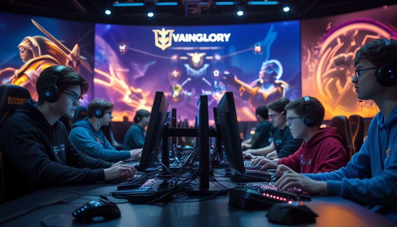 Sekelompok pemain esports yang fokus bermain game dengan layar besar menampilkan peta strategi dan karakter kuat dari Vainglory tahun 2026.