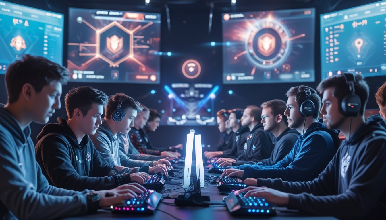 Sejumlah pemain esports sedang bermain game dengan fokus di depan komputer dalam ruangan dengan pencahayaan warna-warni dan layar besar menampilkan grafik permainan.