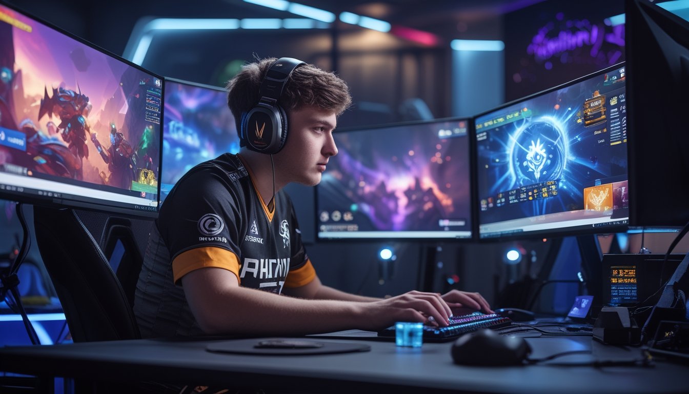 Seorang pemain esports fokus bermain Vainglory di depan komputer dengan beberapa monitor yang menampilkan permainan yang dinamis dalam ruangan gaming modern.