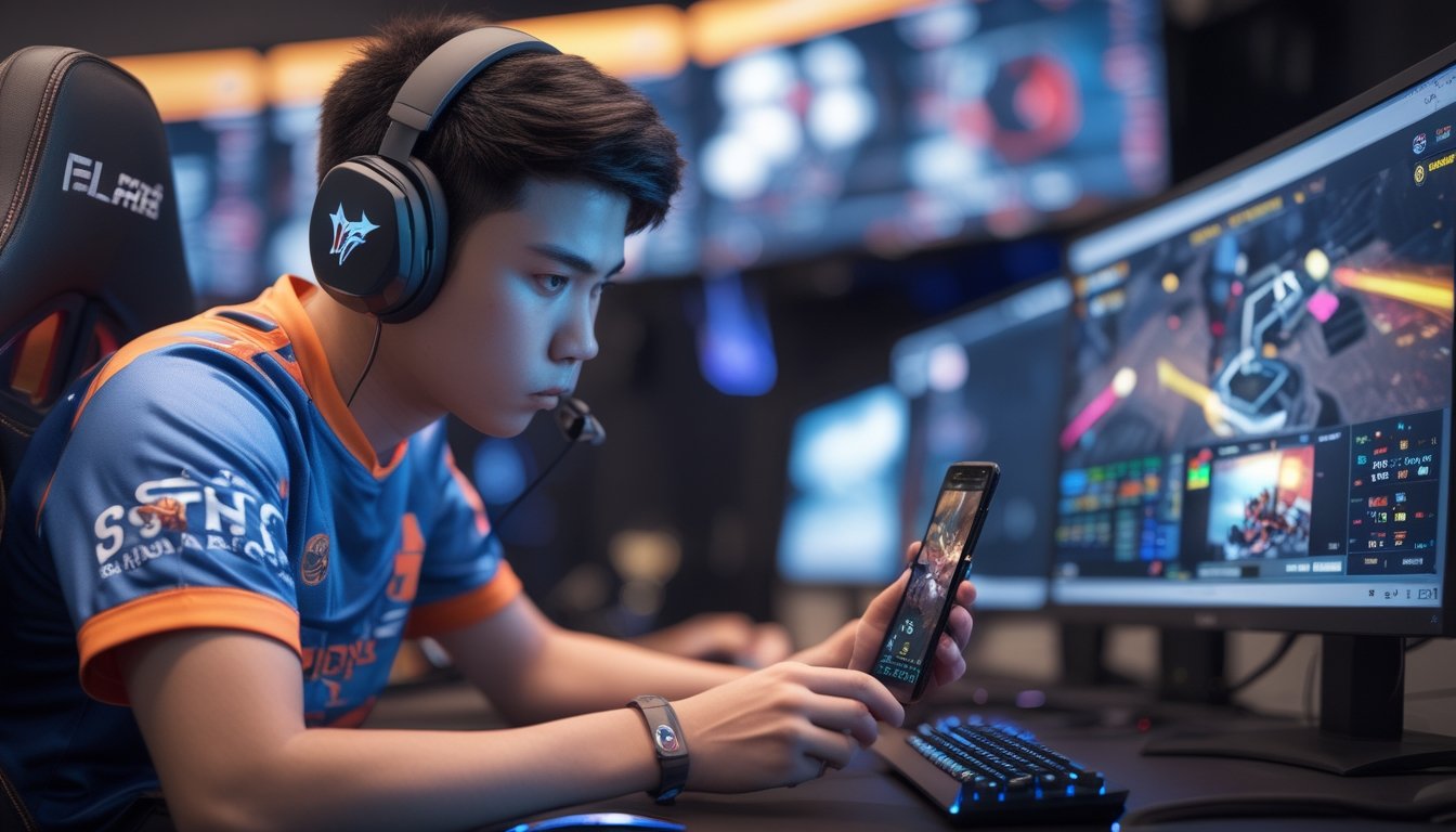 Seorang pemain esports muda fokus bermain game di ponsel dengan peralatan gaming di sekitarnya.