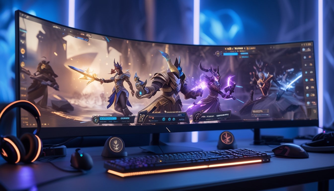 Sebuah meja gaming dengan monitor menampilkan pertarungan hero dari berbagai peran dalam permainan Vainglory, dikelilingi oleh perangkat gaming seperti keyboard dan mouse.