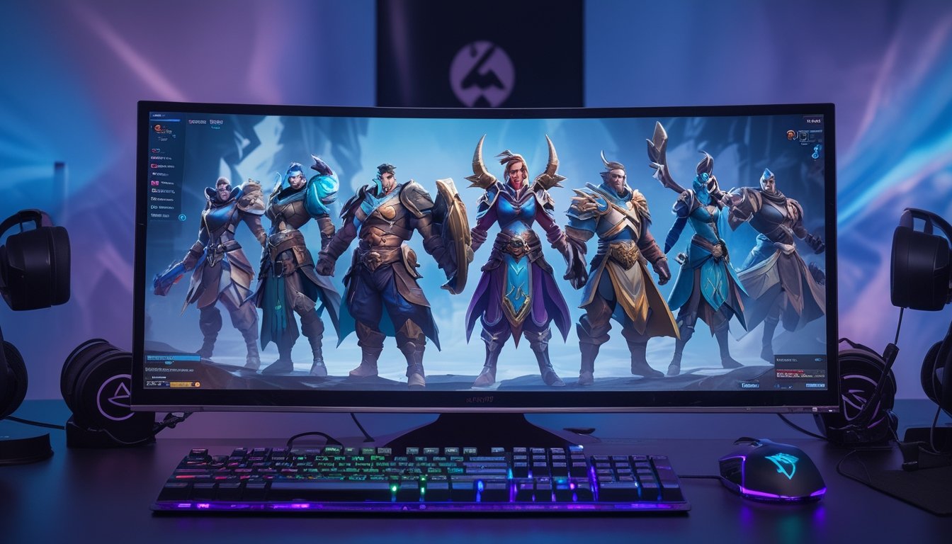 Sebuah setup gaming modern dengan monitor menampilkan karakter pahlawan dari berbagai peran dalam sebuah permainan MOBA.