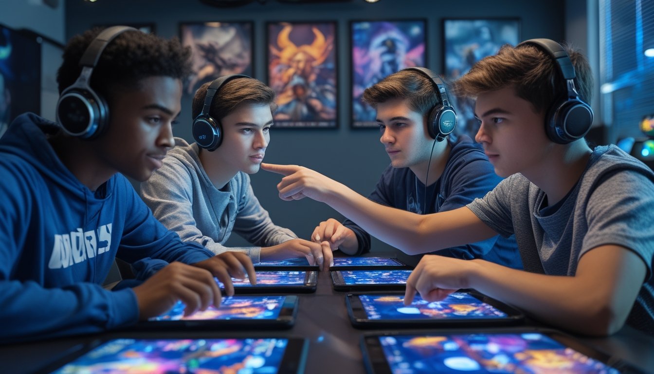 Empat orang muda sedang bermain game bersama di sebuah ruangan gaming dengan fokus dan bekerja sama.