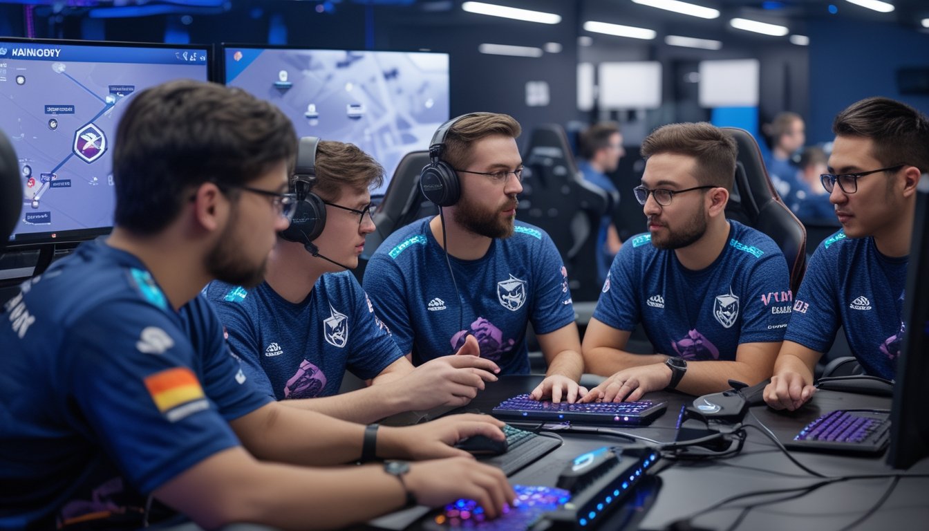 Sekelompok lima pemain esports sedang berdiskusi dan merencanakan strategi di depan layar komputer dalam sebuah ruang latihan esports.