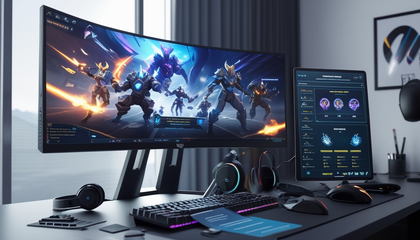 Seorang gamer sedang meninjau permainan Vainglory 2026 dengan monitor menampilkan aksi pahlawan dan perubahan gameplay di meja kerja yang rapi.