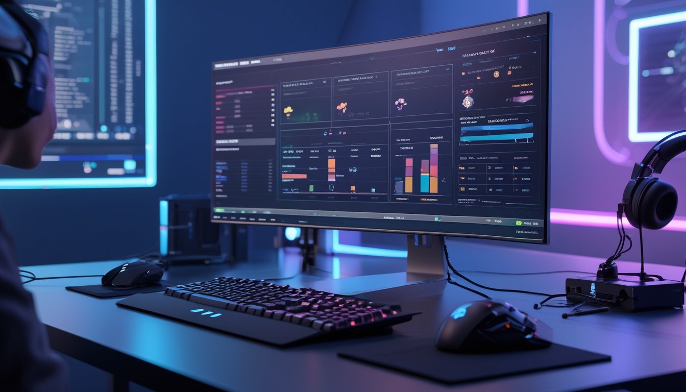 Sebuah meja kerja dengan komputer menampilkan data dan grafik terkait pembaruan permainan, dilengkapi dengan aksesori gaming dan pencahayaan futuristik.