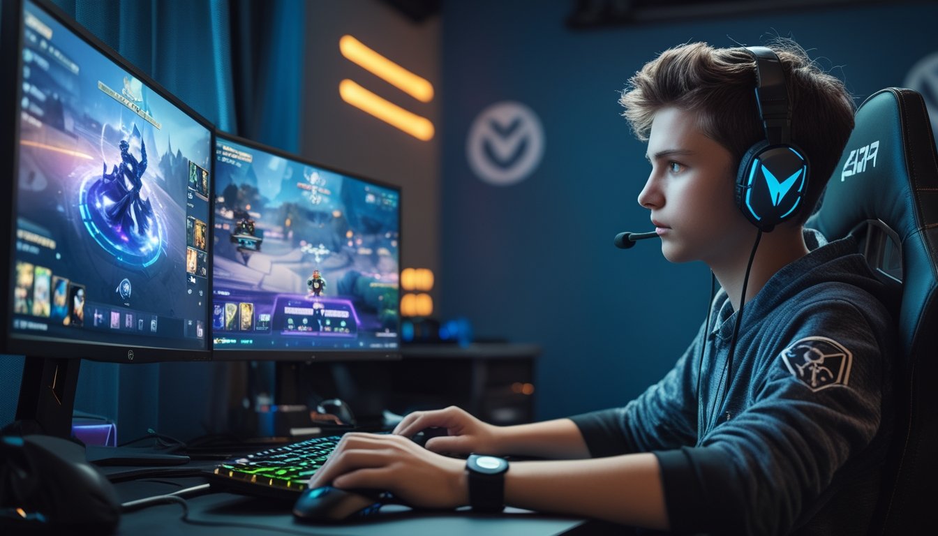 Seorang pemain esports muda fokus bermain game MOBA di depan dua monitor dengan perlengkapan gaming di ruangan modern.