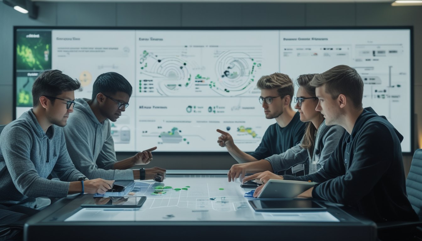 Sekelompok orang sedang berdiskusi dan menganalisis strategi permainan di meja digital dalam ruangan kantor modern.
