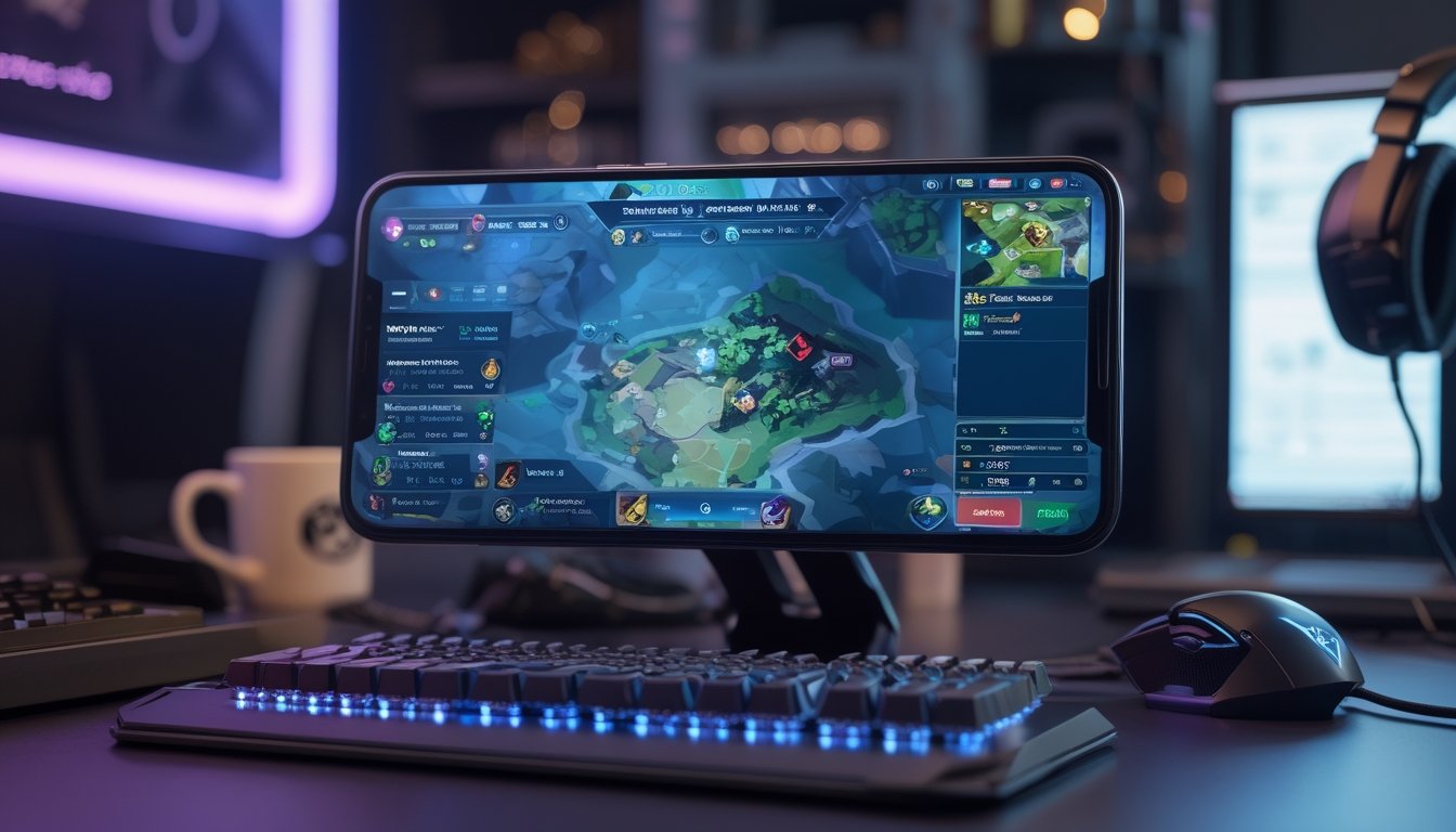 Meja gaming dengan ponsel menampilkan permainan Vainglory, dilengkapi aksesori gaming dan pencahayaan ambient.