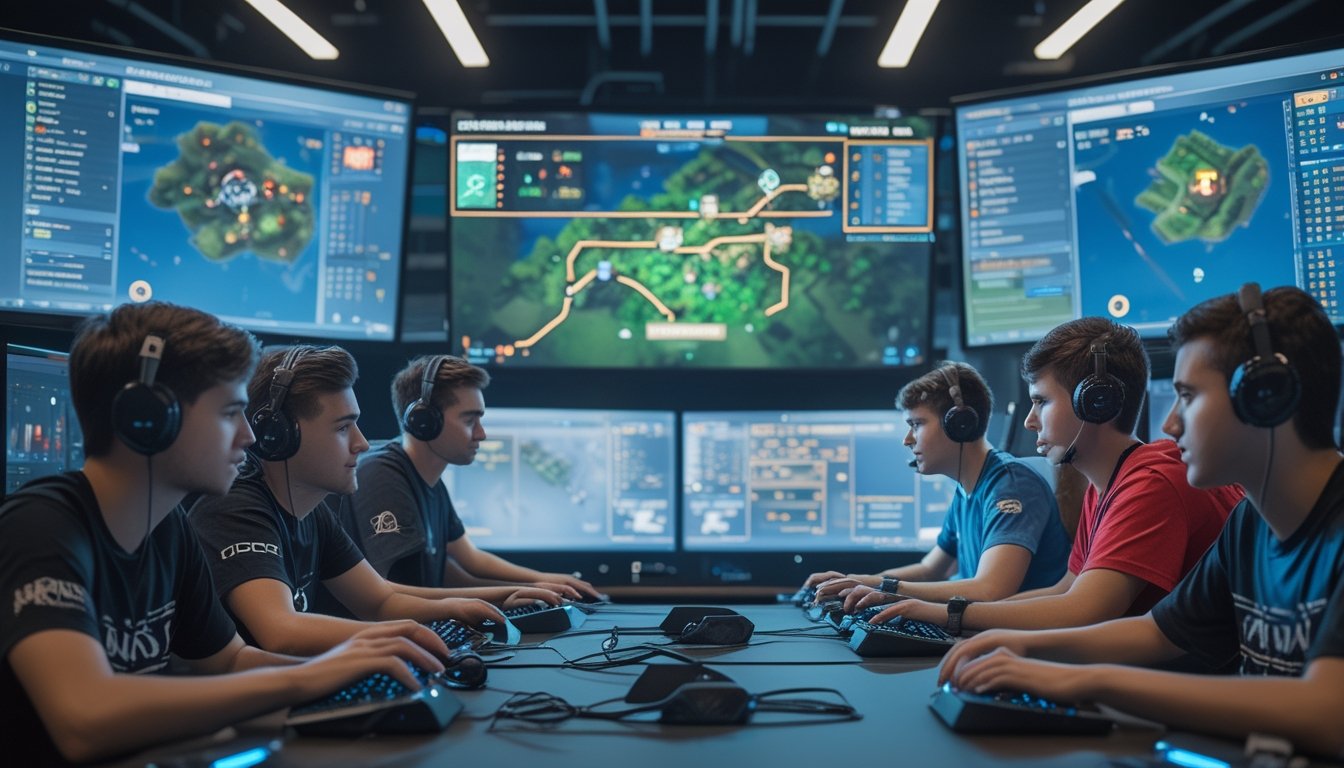 Sekelompok pemain esports muda sedang bermain game kompetitif dengan fokus pada satu pemain yang memimpin strategi di area hutan permainan.