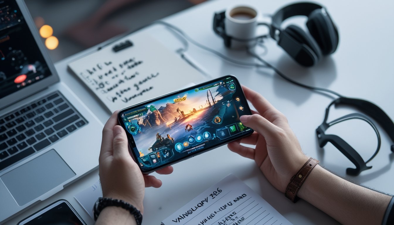 Seseorang memegang ponsel dengan tampilan permainan Vainglory, dikelilingi oleh aksesori game di atas meja yang rapi.