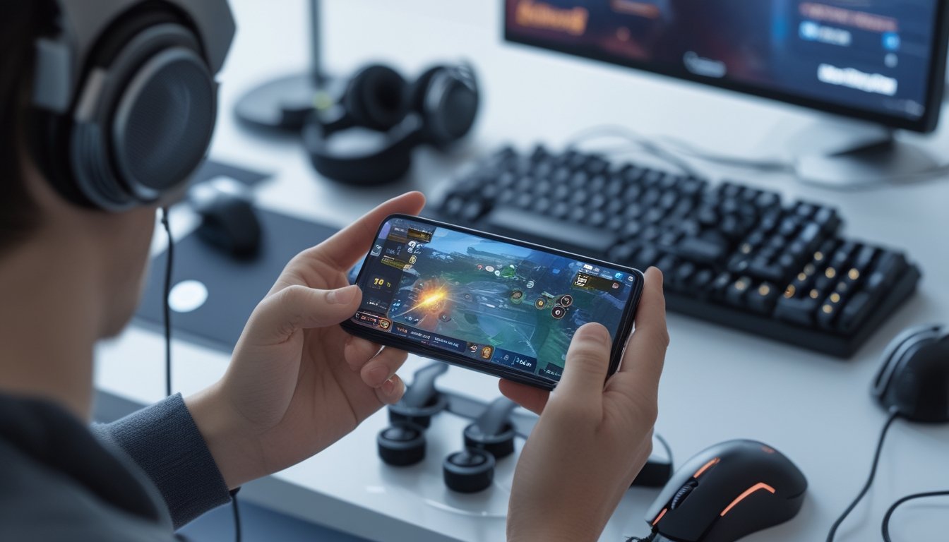 Tangan seseorang memegang ponsel dengan tampilan pengaturan kontrol dan sensitivitas game Vainglory di layar, dengan meja kerja dan aksesori gaming di latar belakang.