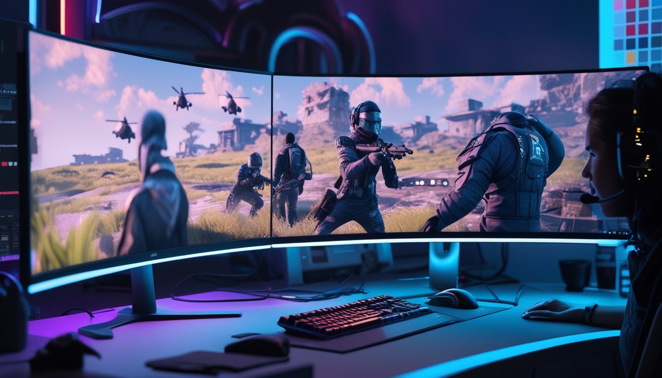 Seorang gamer di depan meja dengan beberapa monitor yang menampilkan adegan permainan perang futuristik yang realistis, di sekelilingnya terdapat perangkat gaming dan alat desain grafis.
