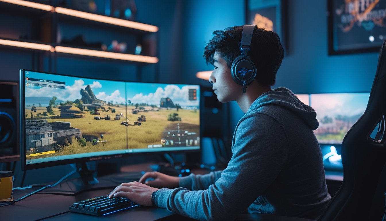 Seorang pemain muda sedang fokus bermain game battle royale di setup gaming modern dengan dua monitor yang menampilkan adegan pertempuran di medan terbuka.