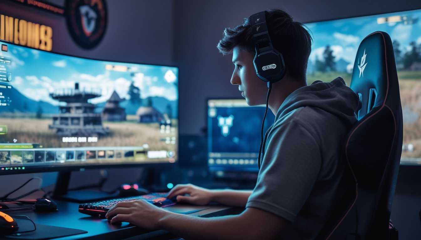 Seorang pemain muda yang fokus bermain PlayerUnknown's Battlegrounds di ruang permainan dengan layar dan peralatan gaming modern.