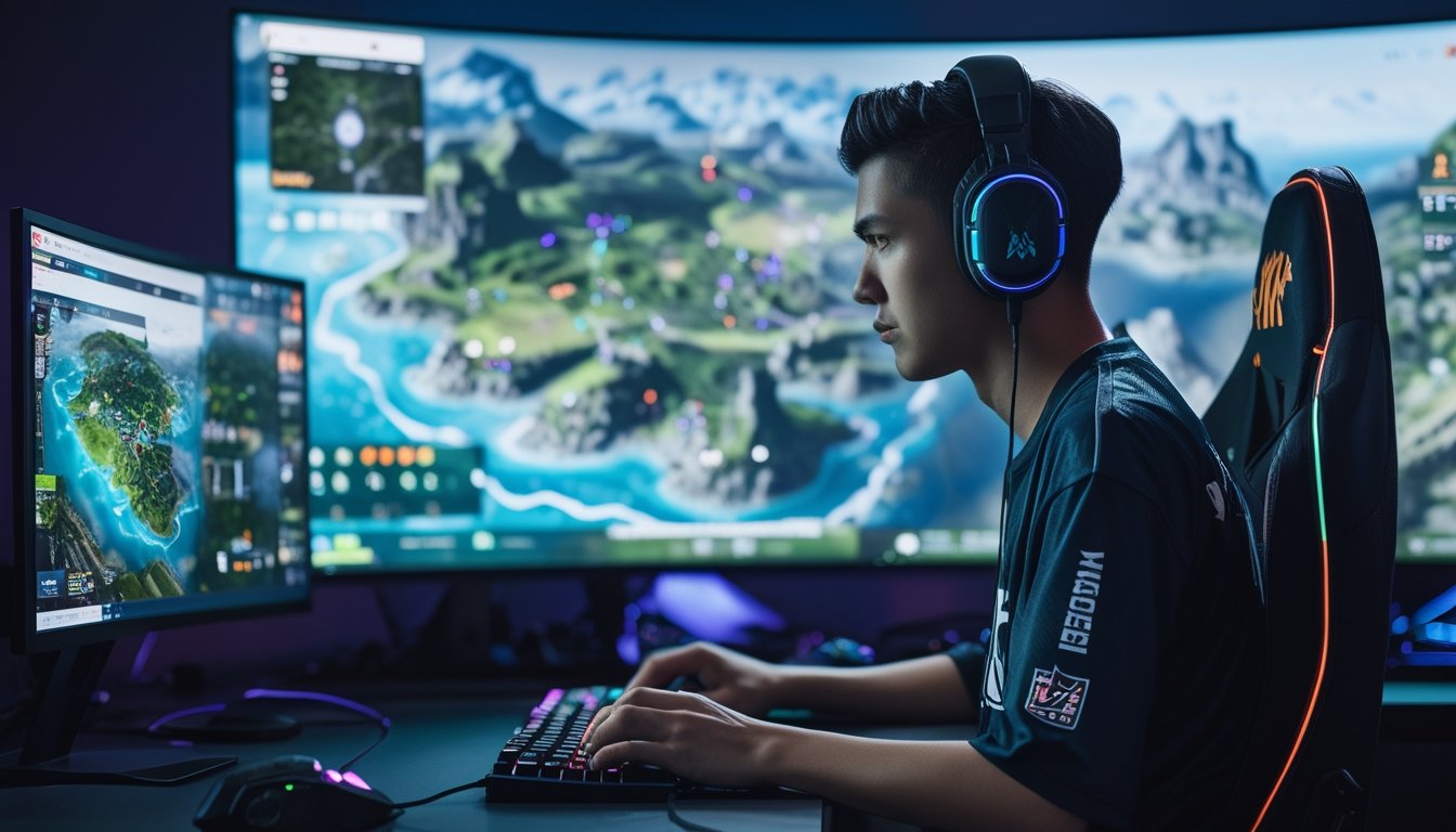 Seorang pemain esports fokus bermain PlayerUnknown's Battlegrounds dengan layar komputer yang menampilkan peta dan strategi permainan.