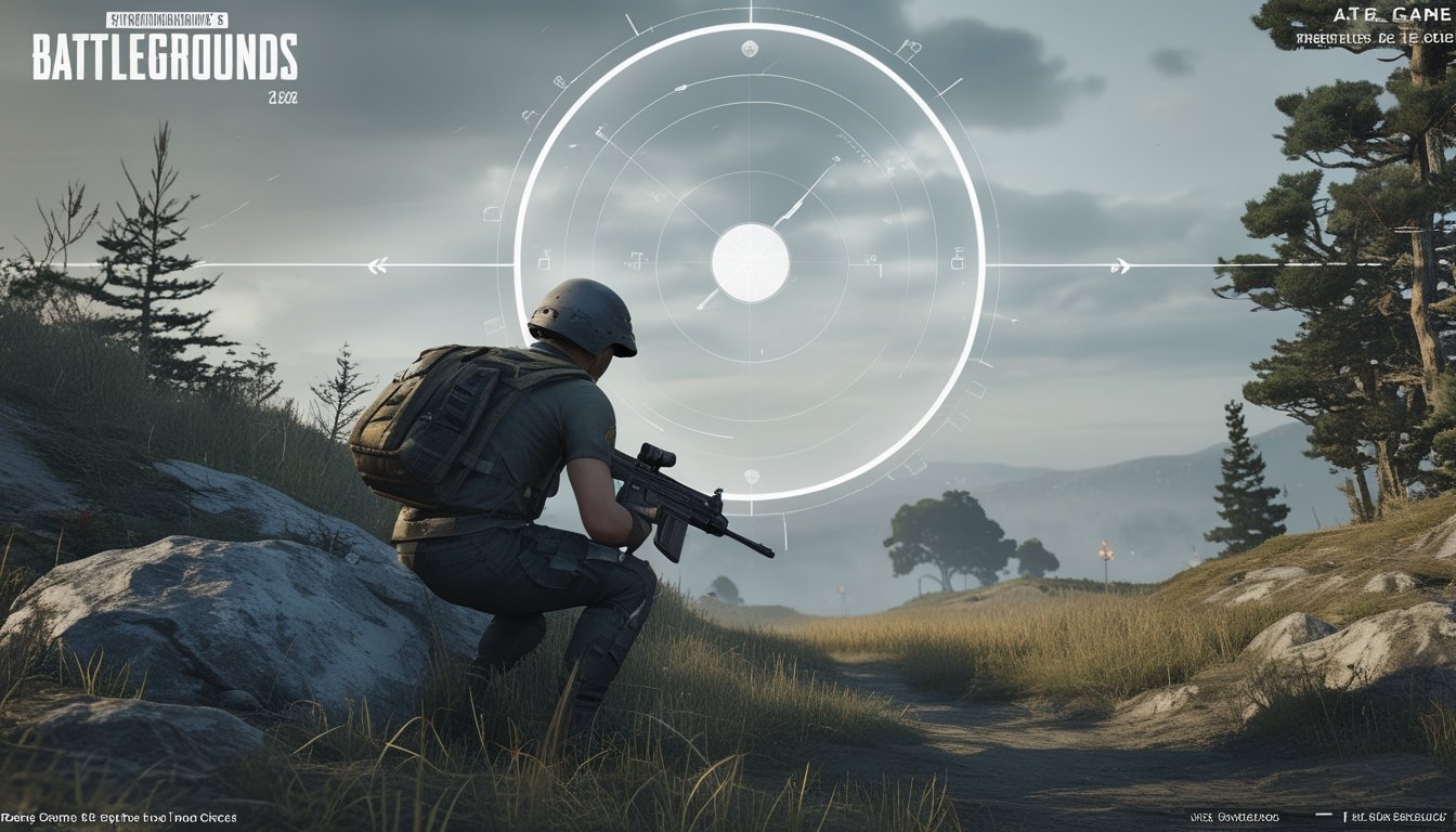 Seorang pemain PUBG mengenakan perlengkapan taktis sedang berjongkok di balik batu sambil mengamati area sekitar di medan pertempuran yang alami dengan peta zona aman yang terlihat di latar belakang.