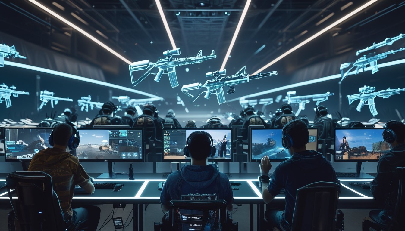Sekelompok pemain game fokus bermain di depan layar komputer dengan berbagai senjata futuristik di sekitar mereka dalam suasana arena permainan modern.