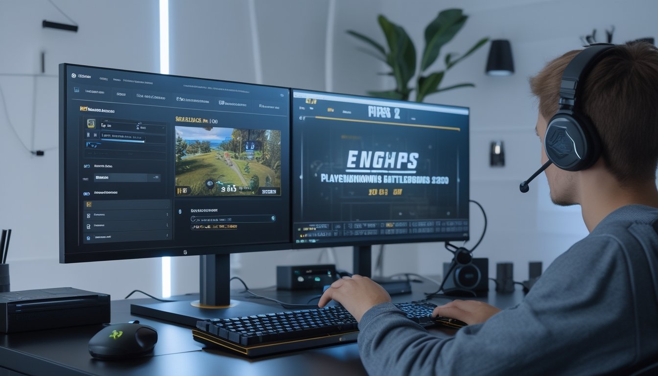 Sebuah ruangan gaming dengan komputer dan ponsel yang menampilkan pengaturan permainan PlayerUnknown's Battlegrounds 2026, dengan seseorang sedang menyesuaikan pengaturan di komputer.
