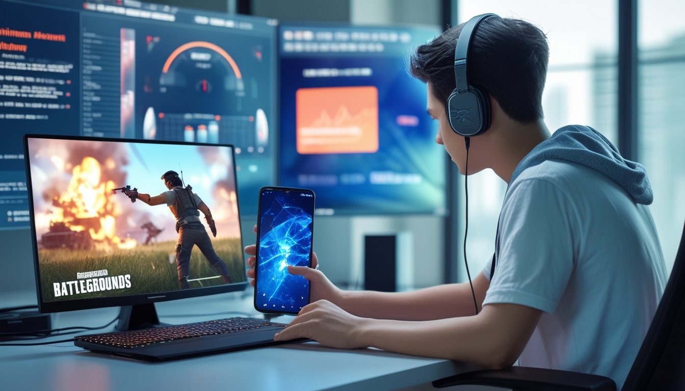 Seorang gamer sedang menggunakan laptop dan smartphone untuk mengatur pengaturan permainan di meja dengan latar belakang elemen teknologi.