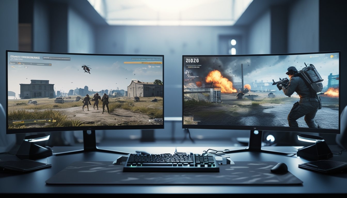 Dua monitor komputer berdampingan menampilkan adegan permainan PlayerUnknown's Battlegrounds versi lama dan versi 2026 dengan perbedaan grafis dan lingkungan permainan.