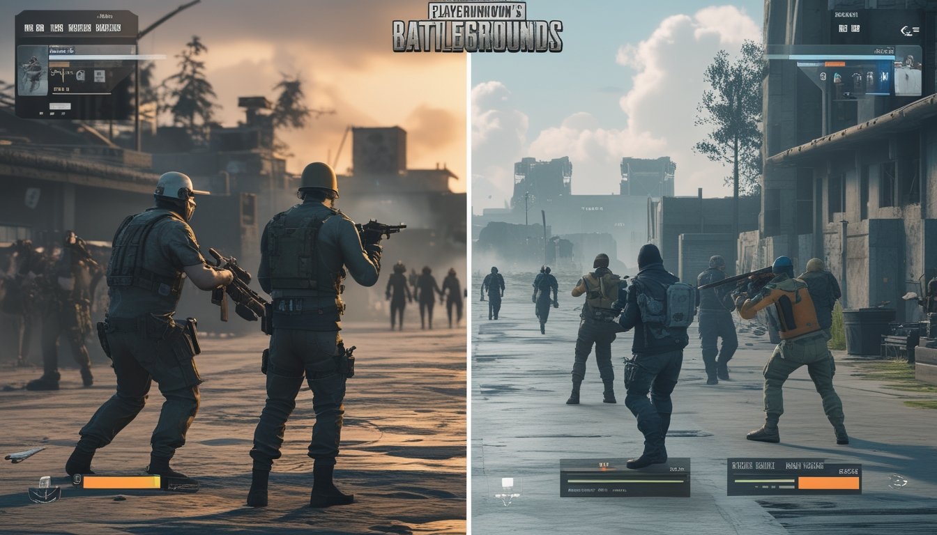 Dua adegan pertempuran video game PlayerUnknown's Battlegrounds yang menunjukkan perbedaan mekanika inti antara versi lama dan versi 2026, dengan pemain bertempur di medan perang yang berbeda.