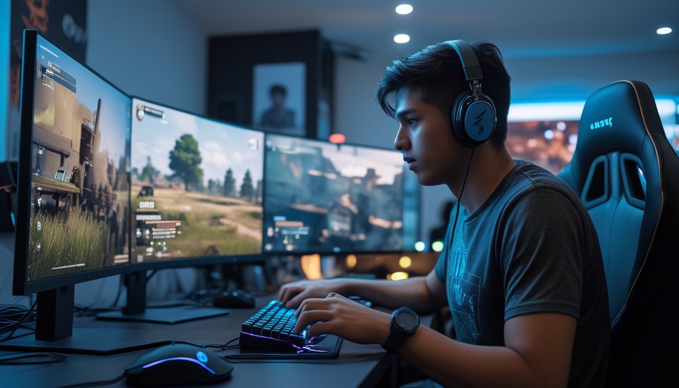 Seorang pemain muda fokus bermain PlayerUnknown's Battlegrounds 2026 di meja gaming dengan beberapa monitor dan peralatan gaming.