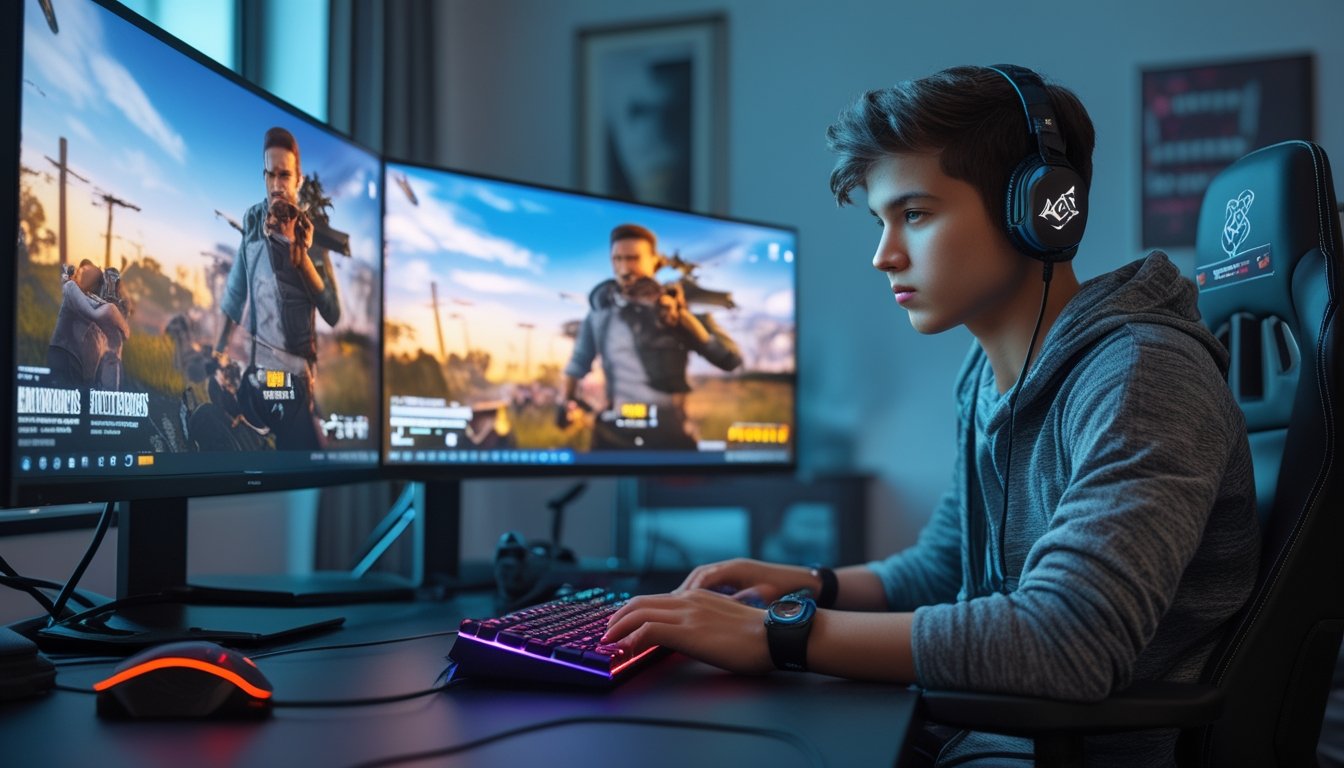 Seorang pemain game muda sedang fokus bermain PlayerUnknown's Battlegrounds di depan beberapa monitor dalam ruangan yang terang dan modern.