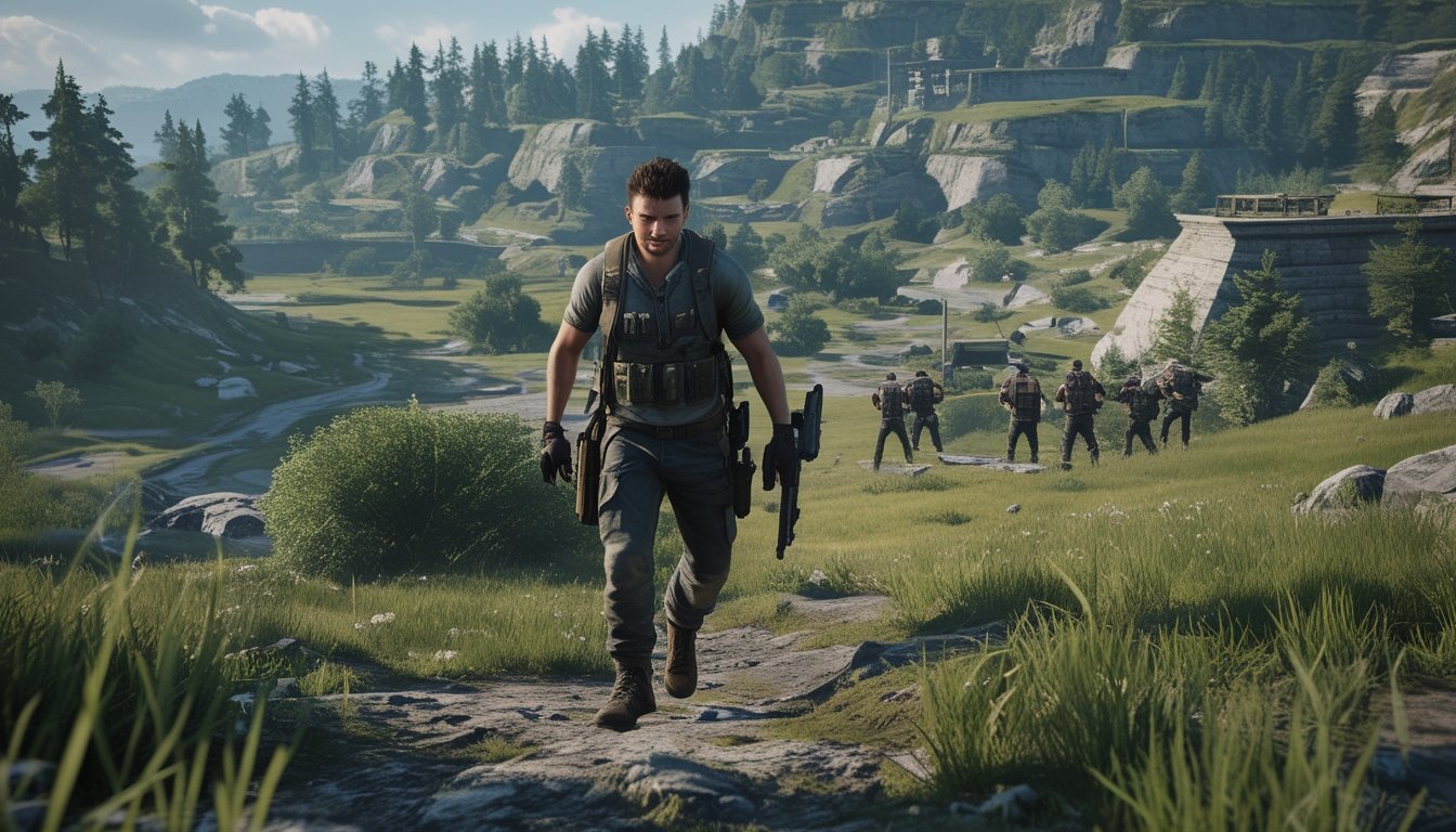 Seorang pemain solo sedang bergerak di peta permainan PlayerUnknown's Battlegrounds dengan medan beragam dan beberapa musuh dalam jarak jauh.