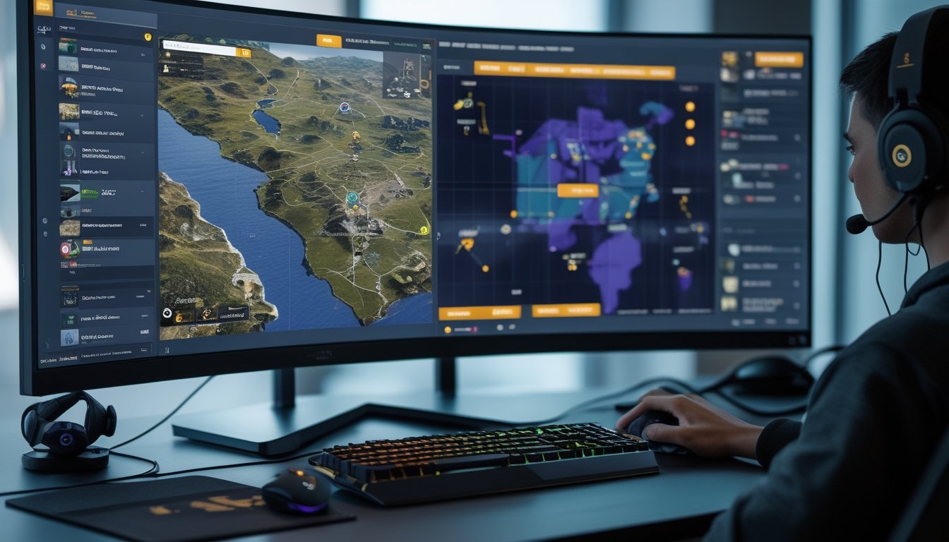 Seorang gamer sedang melihat layar komputer yang menampilkan peta permainan terbagi antara mode solo dan mode squad dalam game PlayerUnknown's Battlegrounds.
