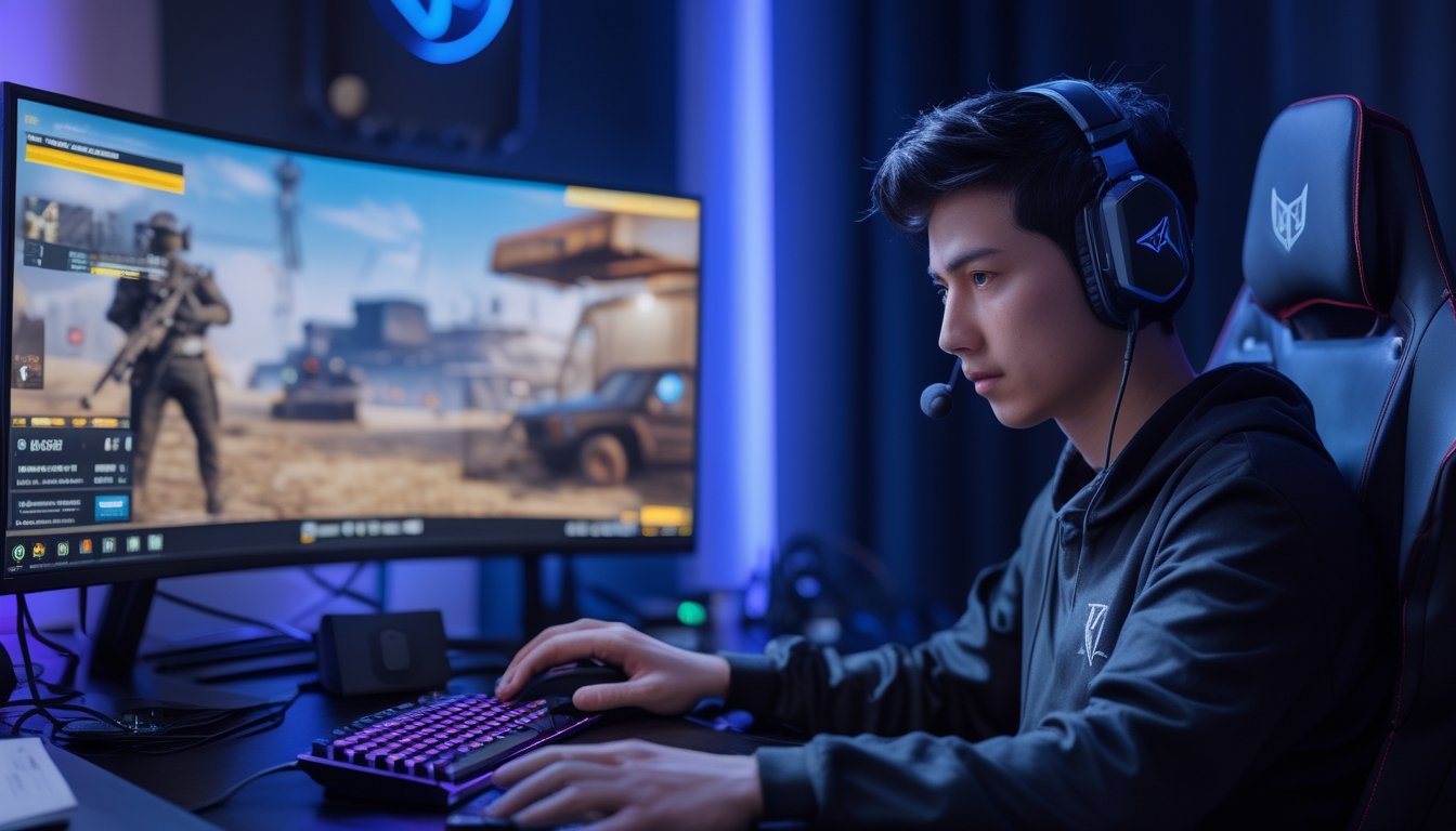Seorang pemain game sedang mengatur sensitivitas mouse di depan layar komputer yang menampilkan permainan PlayerUnknown's Battlegrounds 2026.