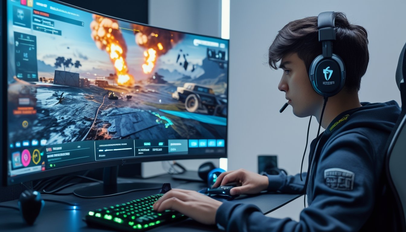 Seorang pemain game sedang mengatur sensitivitas mouse di meja gaming dengan monitor menampilkan permainan tembak-menembak.