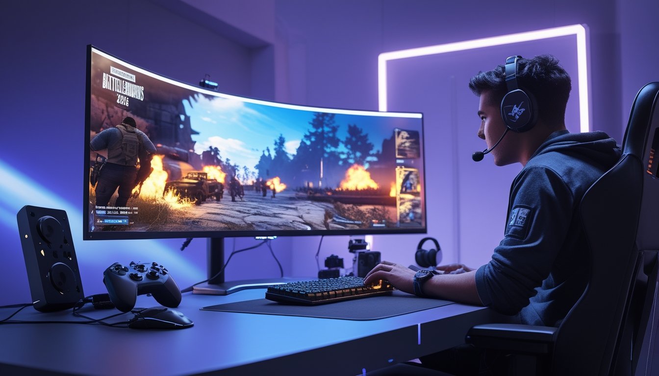 Seorang gamer sedang bermain game battle royale di komputer dengan layar besar dan suasana pencahayaan biru dan ungu di ruangan.