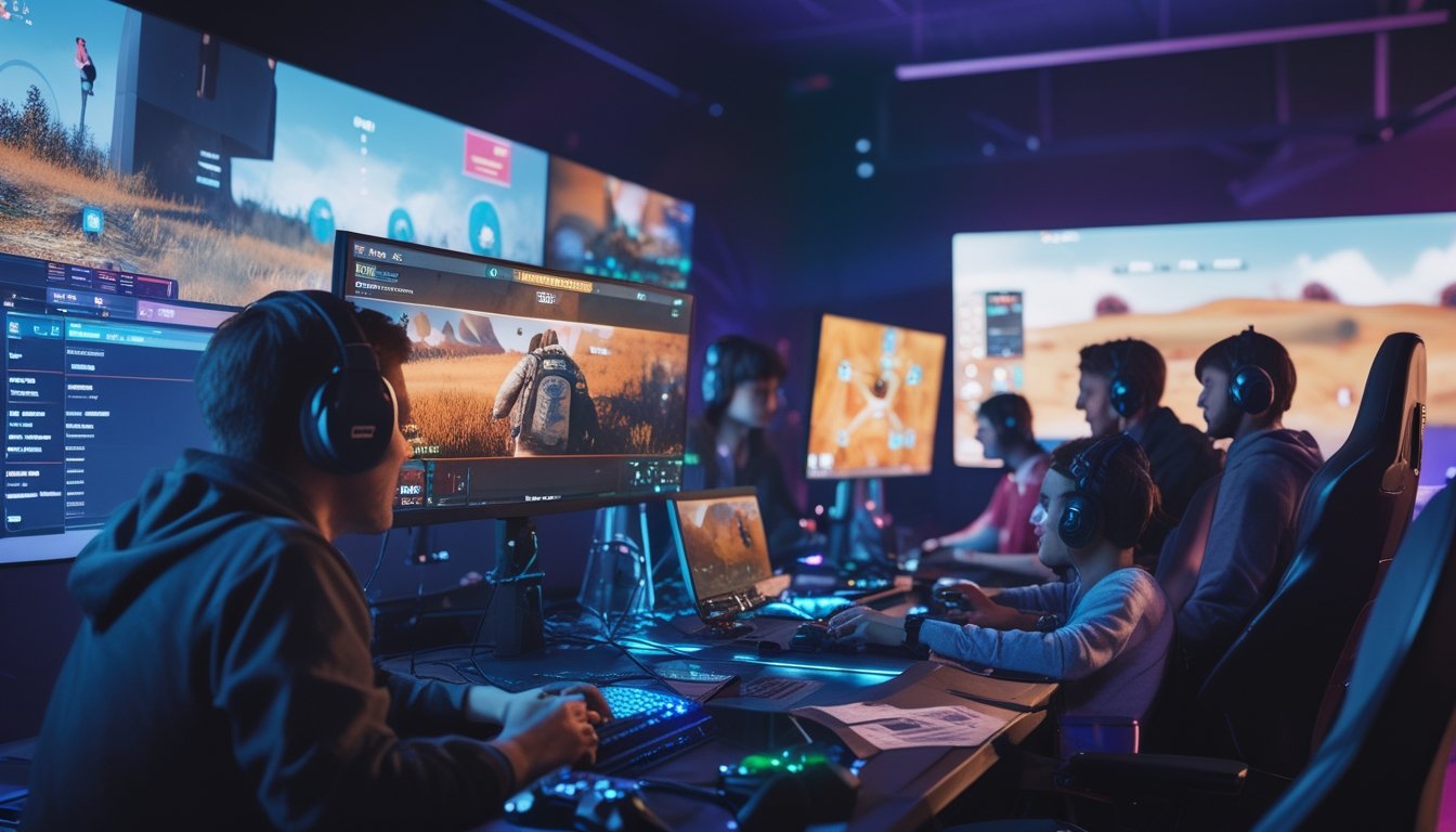 Sekelompok pemain game serius sedang bermain game battle royale di ruang gaming modern dengan peralatan canggih dan layar yang menampilkan aksi permainan.
