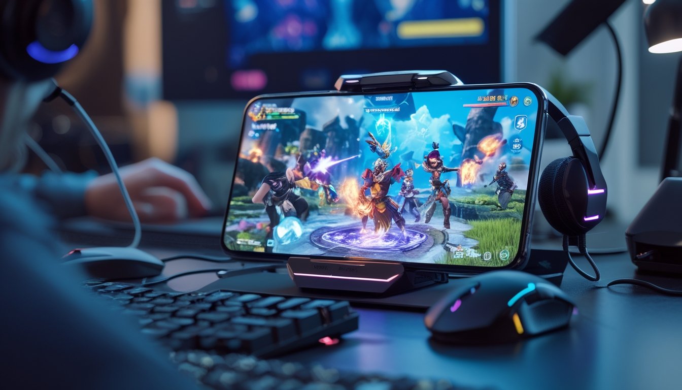 Seorang gamer menggunakan ponsel dengan tampilan permainan fantasi di meja dengan aksesori gaming di sekitarnya.