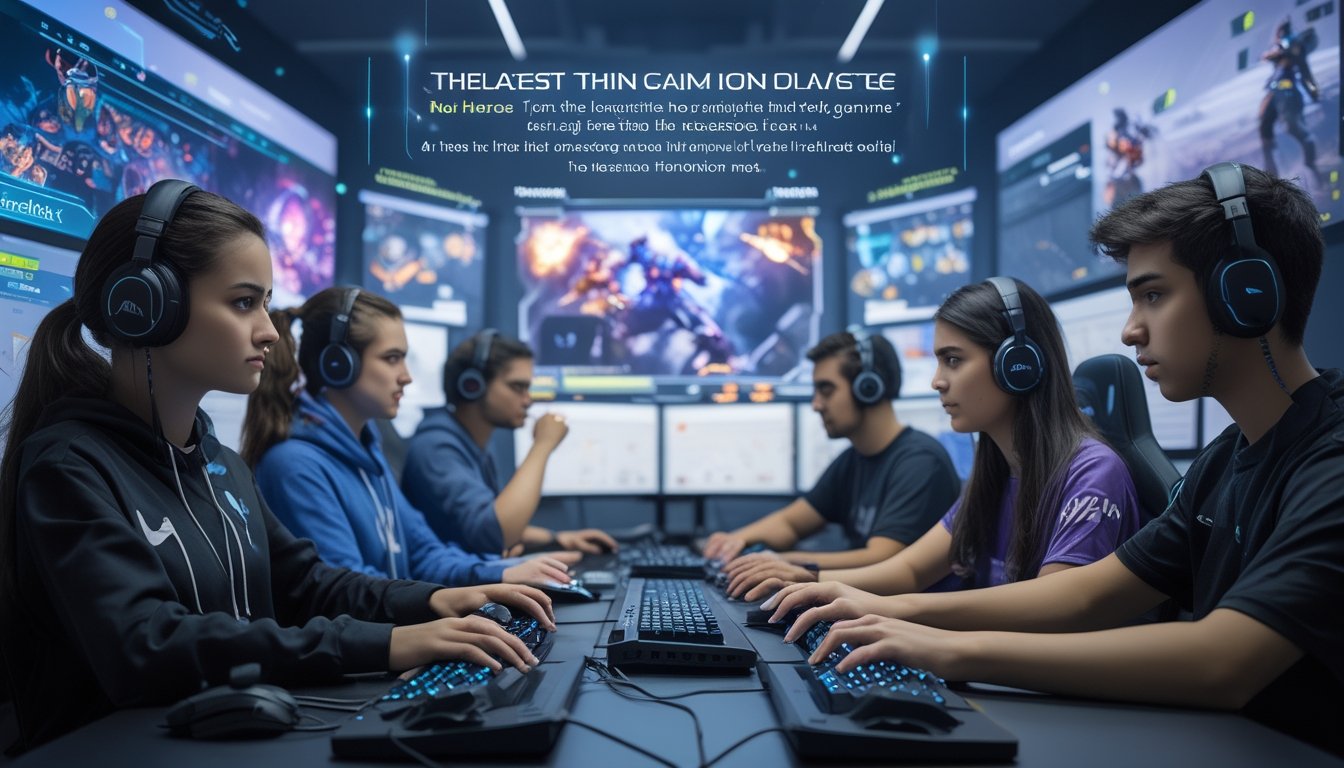 Sekelompok pemain game fokus bermain di ruang gaming modern dengan layar menampilkan karakter dan aksi permainan yang dinamis.