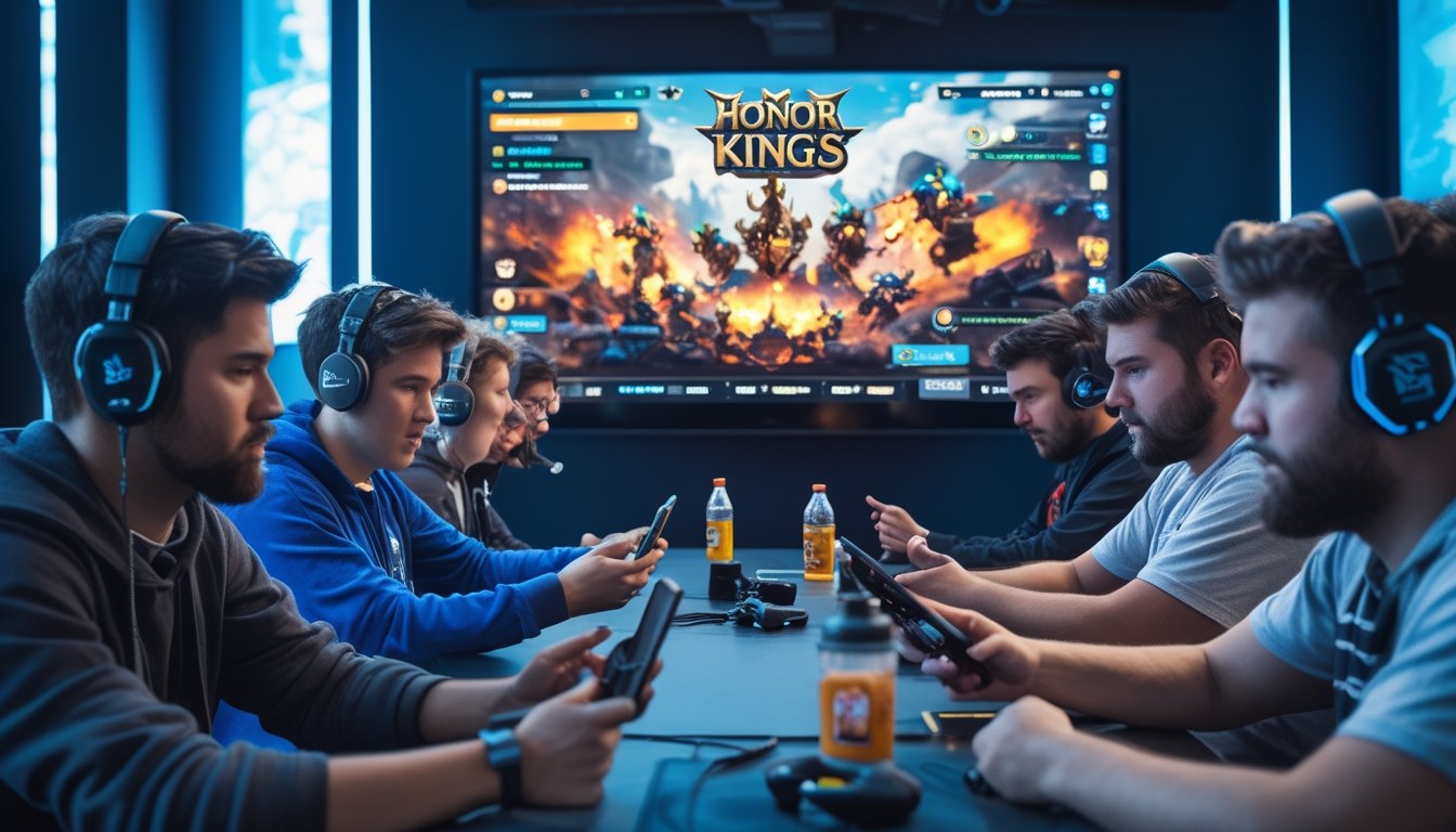 Sekelompok pemain game dengan berbagai tingkat keahlian bermain Honor of Kings di sebuah lounge gaming modern dengan layar besar menampilkan aksi permainan yang seru.