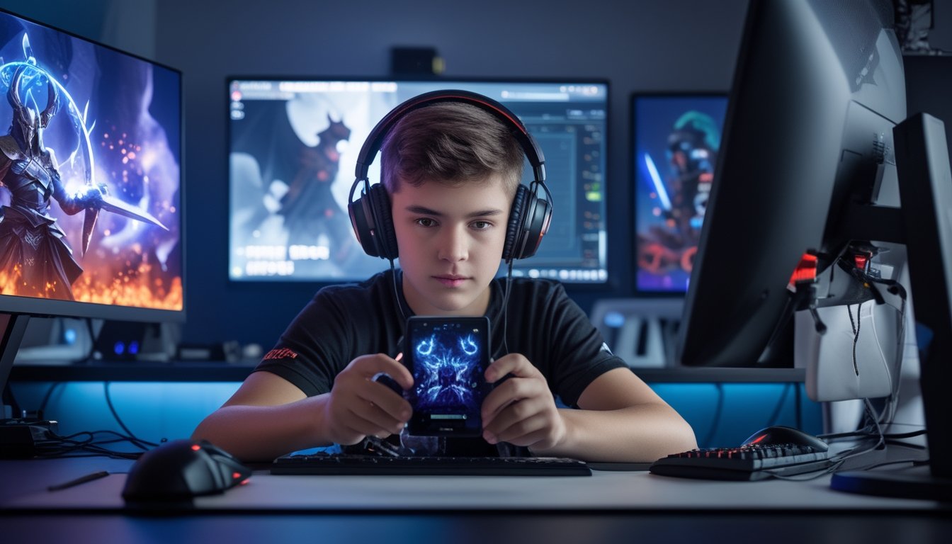 Seorang pemain muda sedang fokus bermain game di ponsel di sebuah ruangan gaming yang modern dengan lampu ambient dan perlengkapan gaming di sekitarnya.