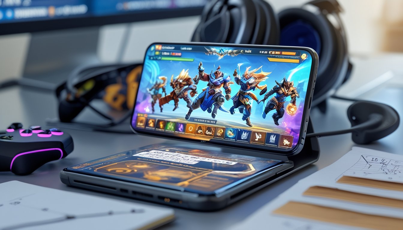 Sebuah meja gaming modern dengan ponsel menampilkan karakter pahlawan dalam permainan, dikelilingi oleh aksesori gaming seperti kontroler dan headphone.
