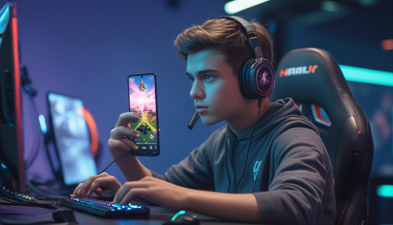 Seorang pemain esports muda yang fokus bermain game di ponsel dengan latar belakang ruangan gaming modern.