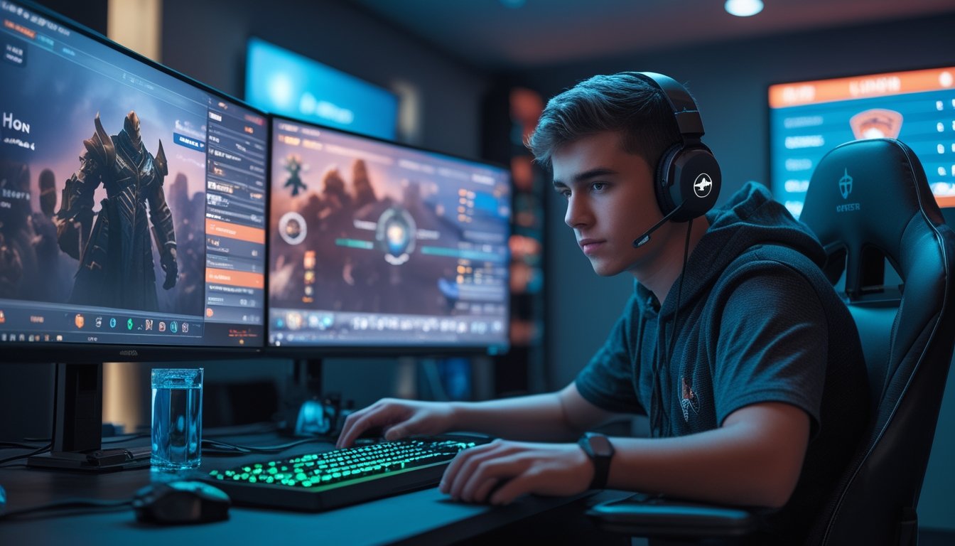 Seorang gamer muda fokus bermain game kompetitif di meja gaming dengan beberapa monitor dan headset di ruangan modern.