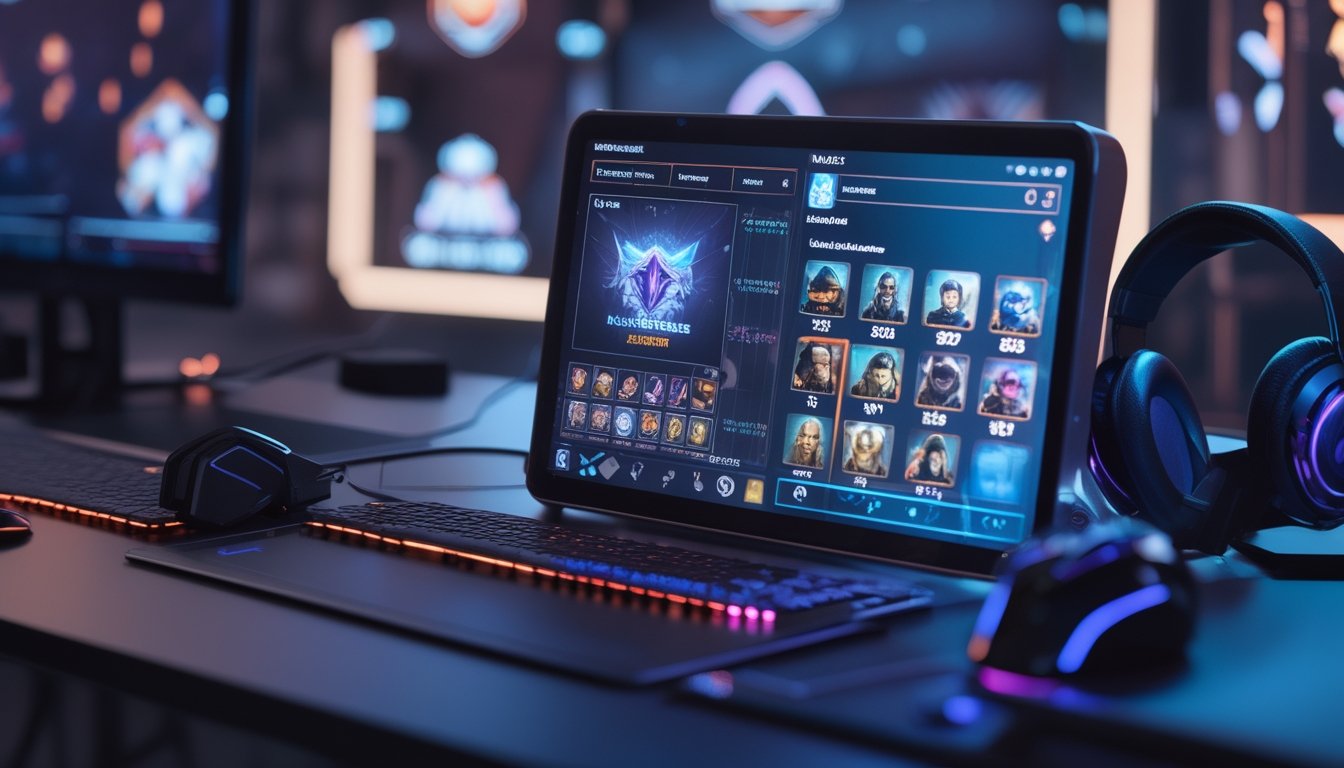 Setup gaming dengan smartphone menampilkan item build terbaik untuk semua peran di Honor of Kings 2026, dikelilingi oleh aksesori gaming di meja.