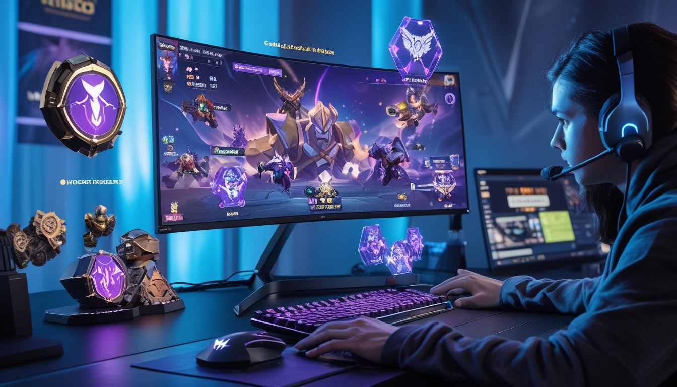 Seorang gamer sedang bermain Honor of Kings dengan layar menampilkan aksi hero dan item build terbaik di meja gaming yang modern dan terang.