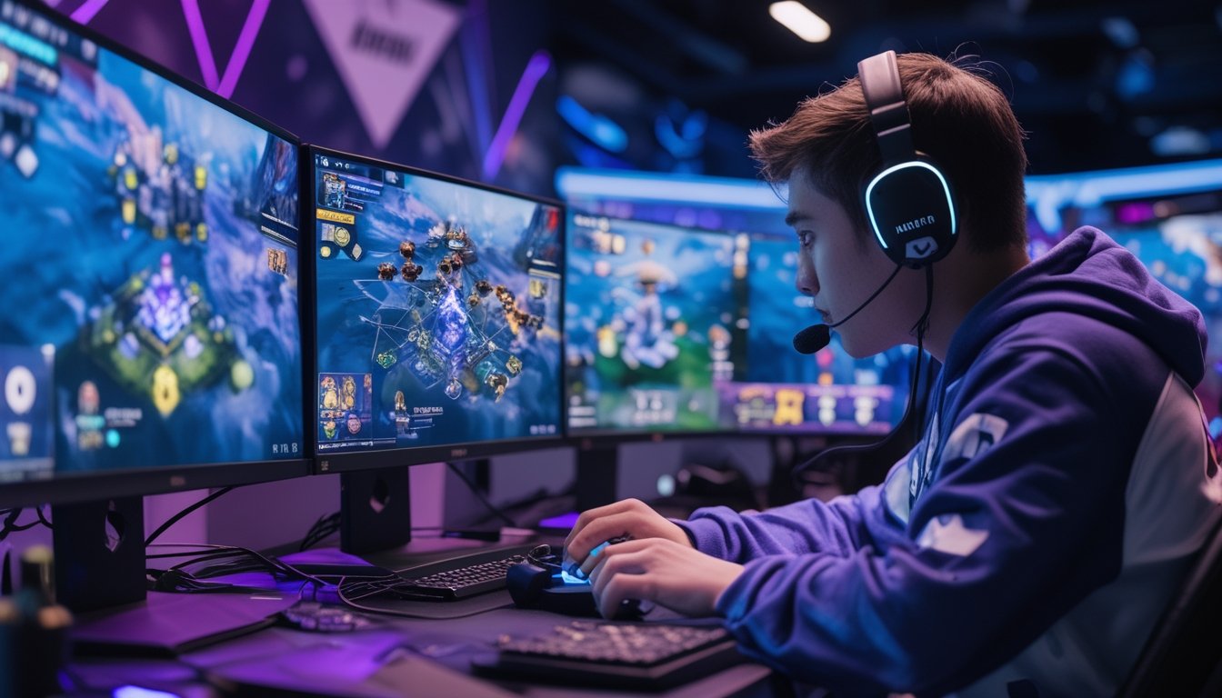 Seorang pemain game sedang fokus bermain Honor of Kings 2026 di depan beberapa layar dengan suasana gaming profesional.